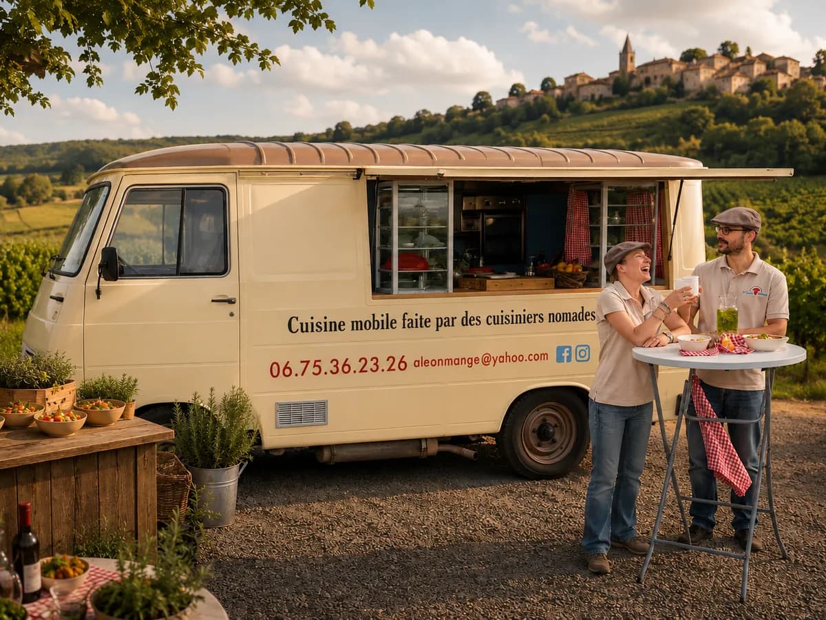 Audrey et Victorien devant le food truck A Léon Mange, dans les vignes du Beaujolais