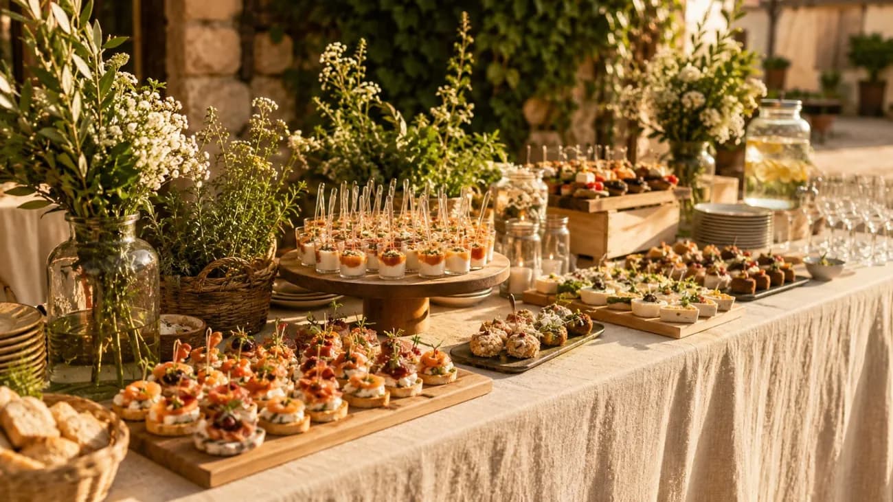 Buffet traiteur champêtre dressé en extérieur